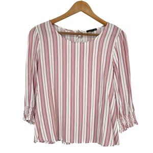 West Kei size Medium Mauve Rust Striped Top 3/4 Sleeve Smocked Cuffs Blouse